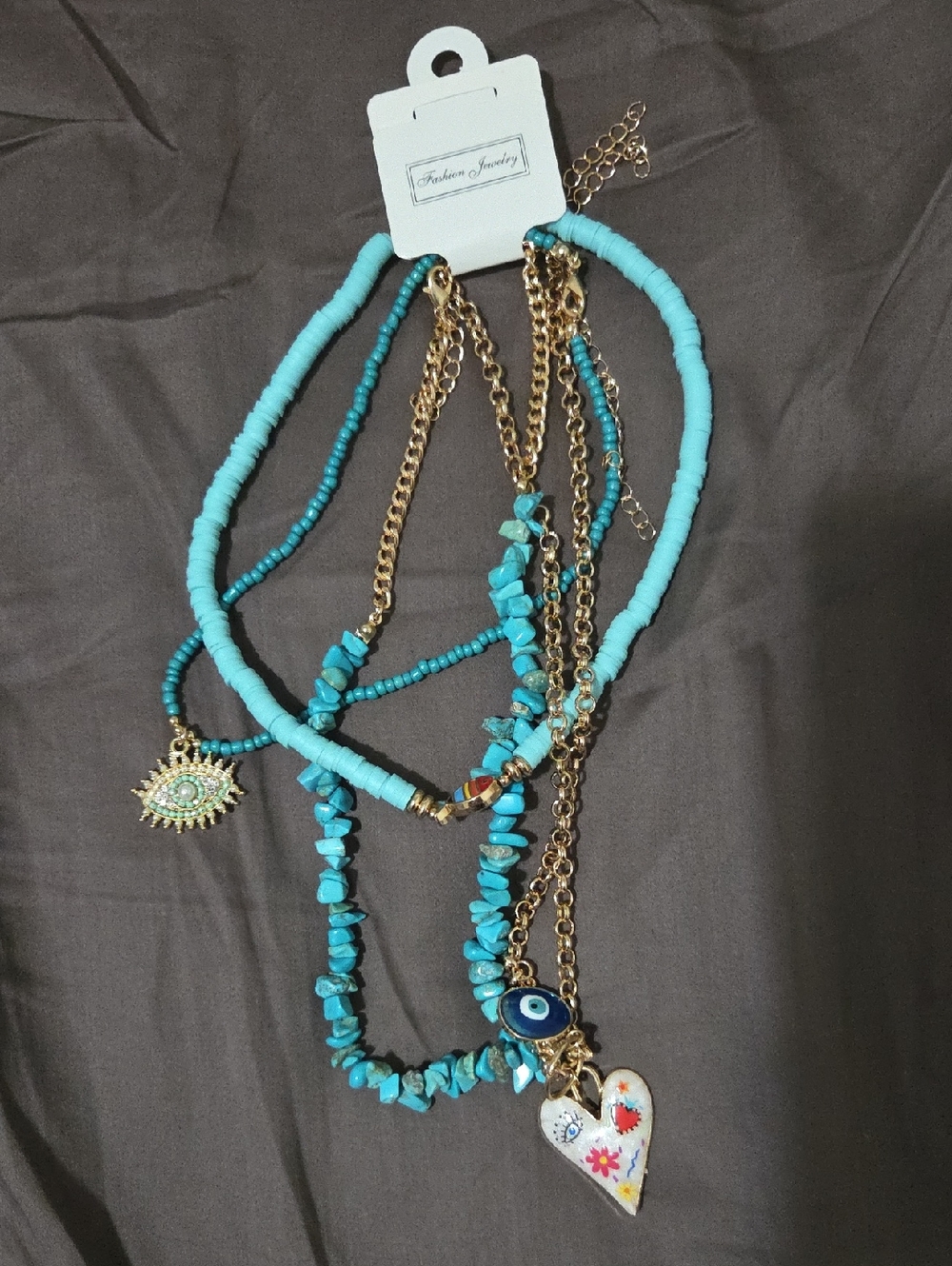 Faux Turquoise Adjustable Pendant Necklaces w/ Heart & Evil Eye 4 Peice Set NWT